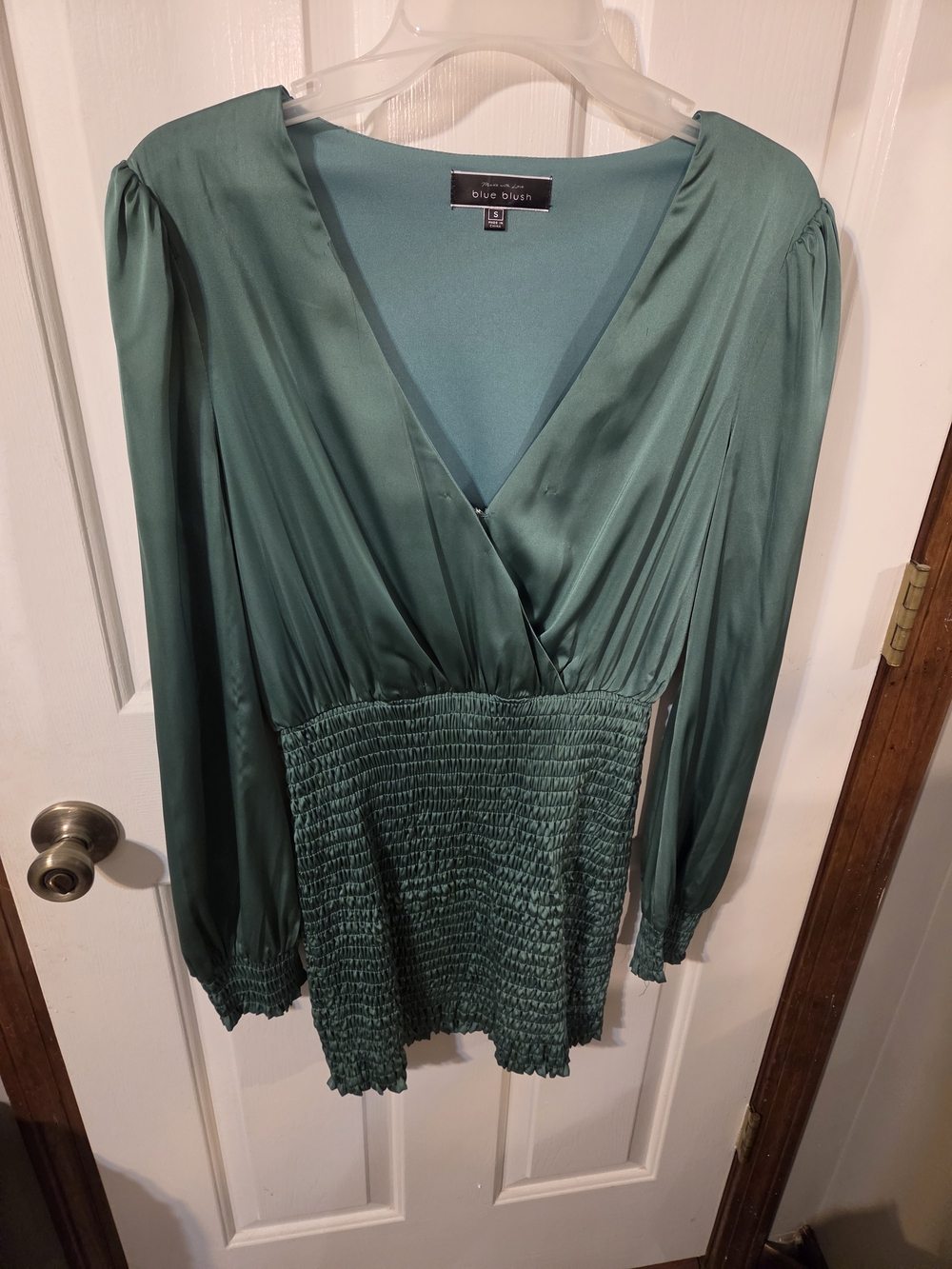 Blue Blush Teal Green Long Sleeve Surplice Mini Dress